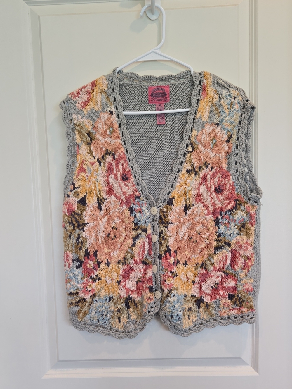Vintage Cambridge Dry Goods Floral Knit Button Vest with Pink & Yellow Blooms